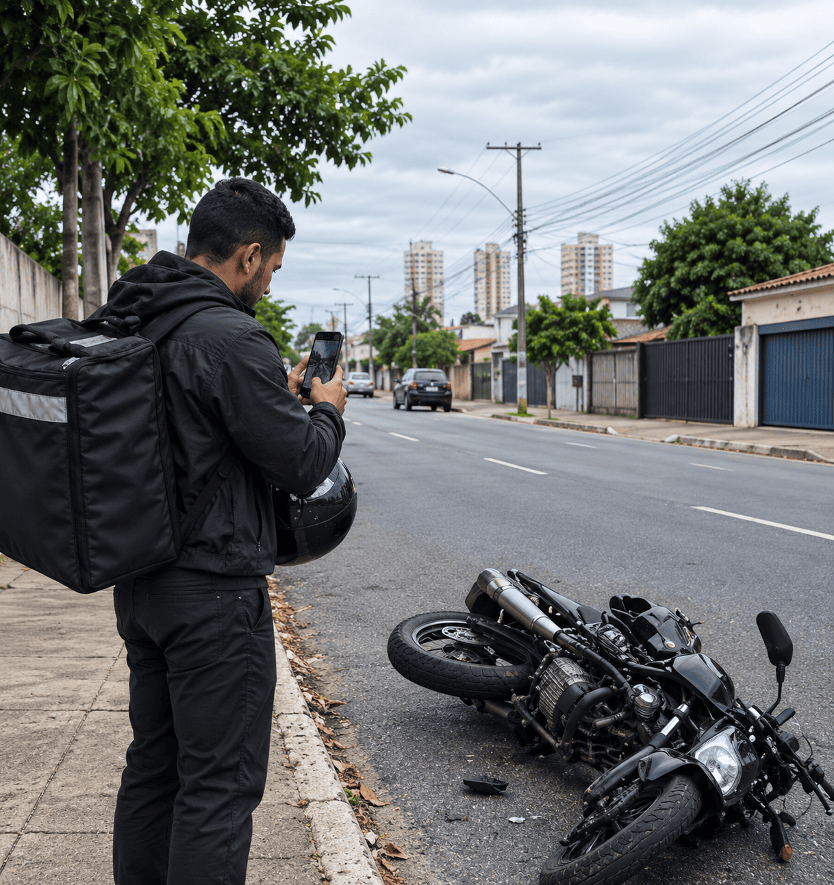Entregador de aplicativo fotografando a moto caída após acidente de trânsito